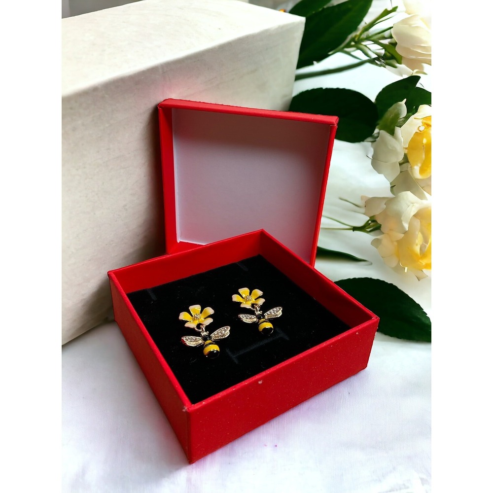 Yellow/ Black Enamel Flower  Crystal Bee Stud Dang Earrings In Gold Tone Metal -